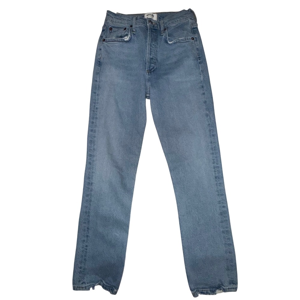 AGOLDE Riley Crop Jeans 24 Lt Blue High Rise Straight‎ Raw Hem Distressed Denim